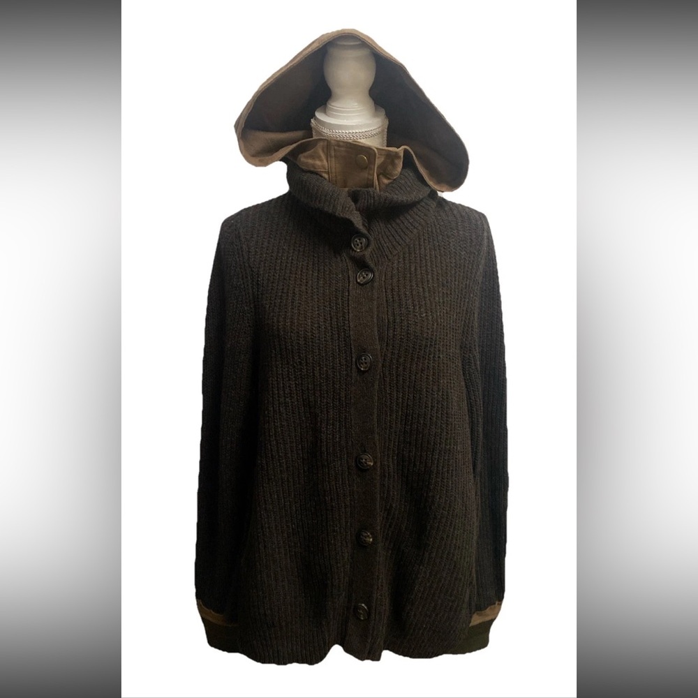 Hooded Button-Front Knit Cardigan Sweater - Brown